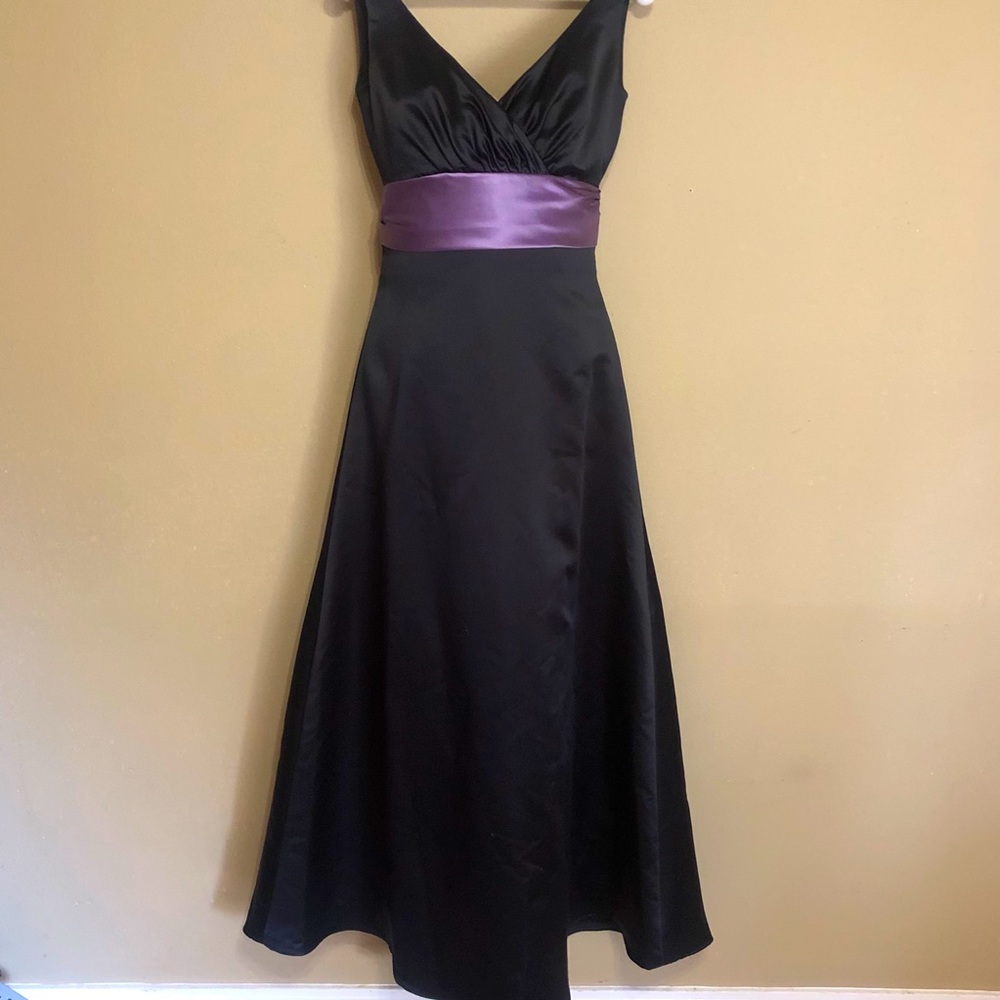 Black Full A-Line Dress with Purple Band at Waist